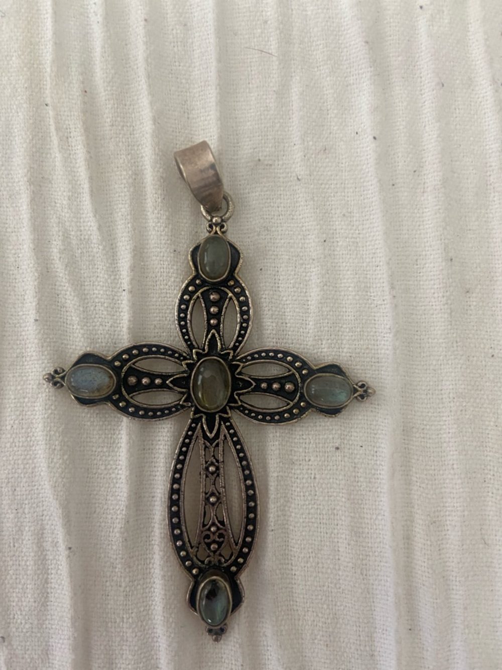 Silver Cross Pendant with Pale Blue-Green Stones